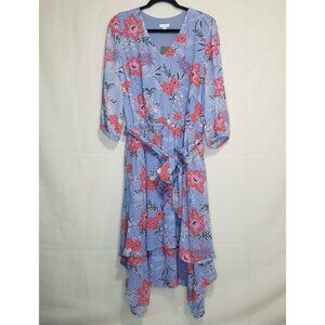 NWT J Jill Tropical Floral Dipped Hem Dress blue size MP medium petite v-neck